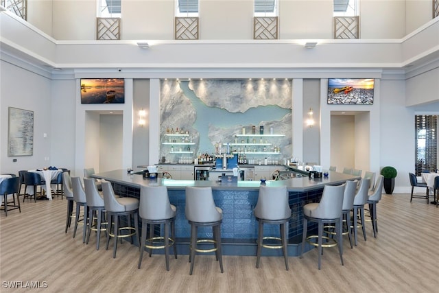 kitchen with light hardwood / wood-style flooring, a kitchen breakfast bar, and a towering ceiling