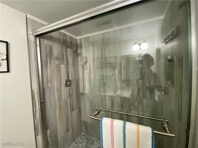 bathroom featuring a shower with shower door