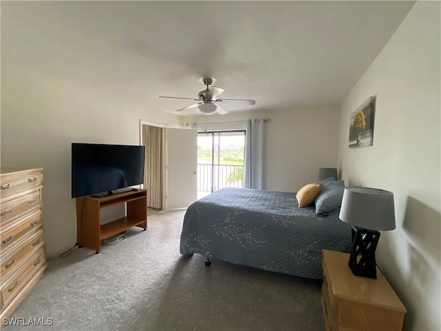 carpeted bedroom with access to exterior and ceiling fan