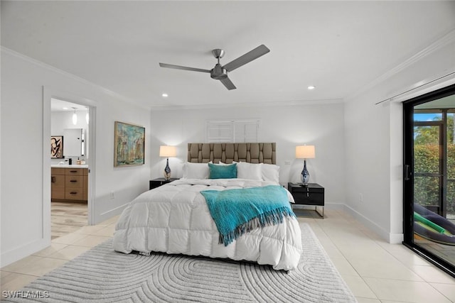 bedroom featuring light tile patterned flooring, ceiling fan, ornamental molding, and ensuite bathroom