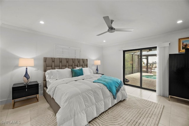 tiled bedroom featuring access to exterior, ornamental molding, and ceiling fan