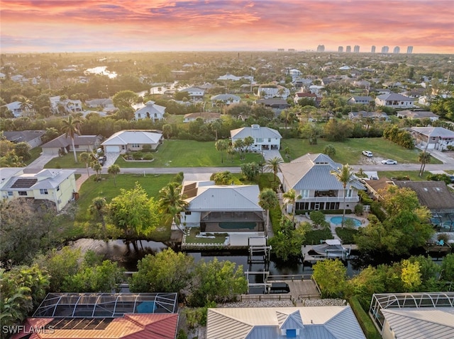 view of aerial view at dusk