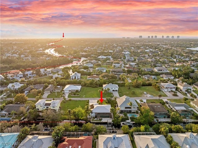 view of aerial view at dusk