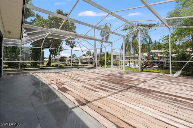 wooden terrace with a lanai