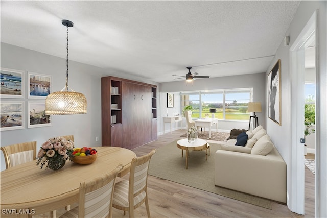 dining area featuring light wood-type flooring, a textured ceiling, and ceiling fan