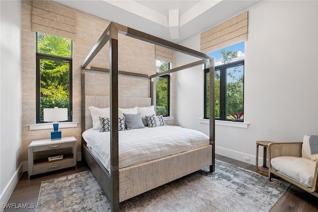 bedroom with dark hardwood / wood-style floors and multiple windows