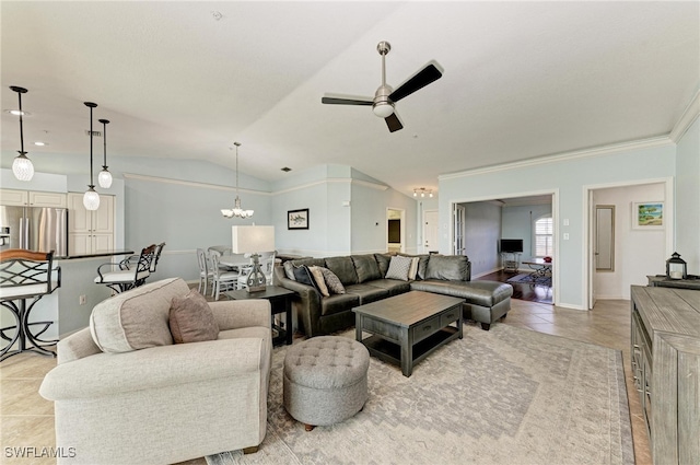 living room with light tile patterned flooring, ornamental molding, vaulted ceiling, and ceiling fan with notable chandelier