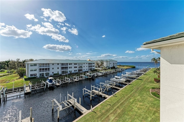 view of water feature with a boat dock