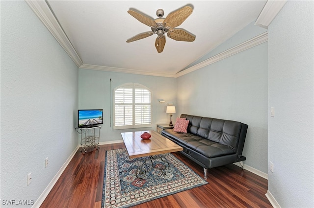 living room featuring lofted ceiling, dark hardwood / wood-style floors, ceiling fan, and crown molding