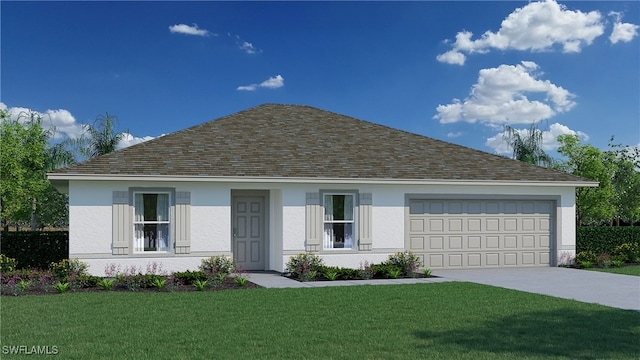 view of front of property with a garage and a front lawn