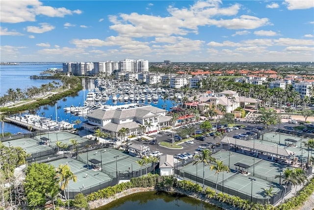 bird's eye view with a water view