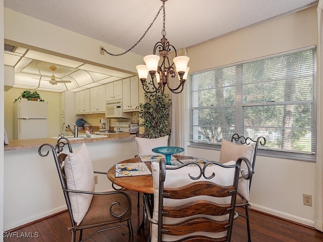 dining space with dark hardwood / wood-style floors, sink, and ceiling fan with notable chandelier