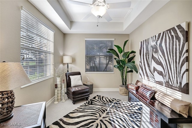 sitting room featuring ceiling fan, carpet flooring, and a raised ceiling