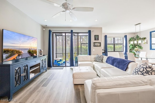 living room with light hardwood / wood-style floors and ceiling fan