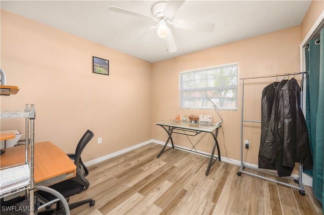 office area featuring light hardwood / wood-style flooring, a textured ceiling, and ceiling fan