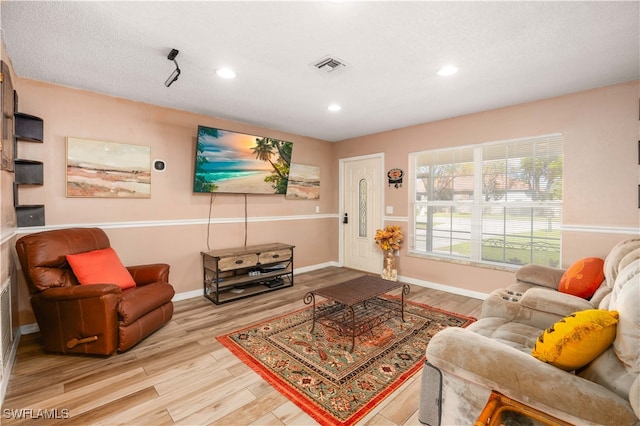 living room with light hardwood / wood-style flooring and a textured ceiling