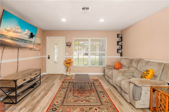 living room with a textured ceiling and light wood-type flooring