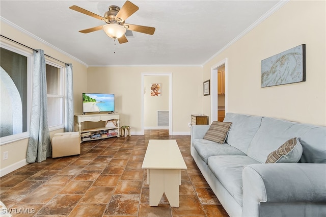 living room with ceiling fan and crown molding