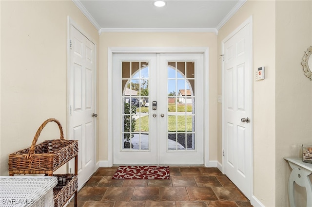 doorway featuring french doors and crown molding