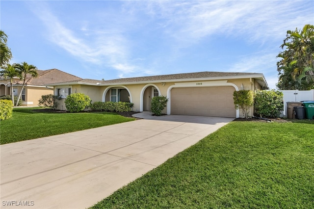 view of front of home with a front yard and a garage