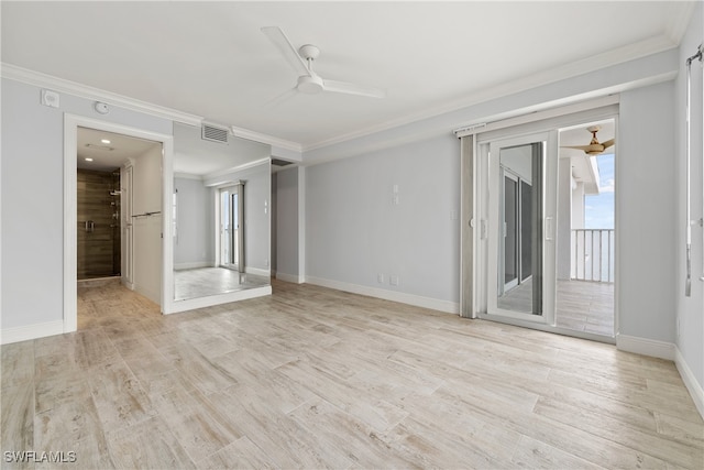 spare room with light wood-type flooring, ceiling fan, and crown molding