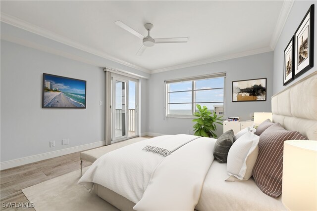 bedroom with ornamental molding, ceiling fan, and light hardwood / wood-style floors