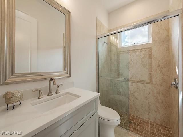 bathroom with vanity, toilet, and walk in shower