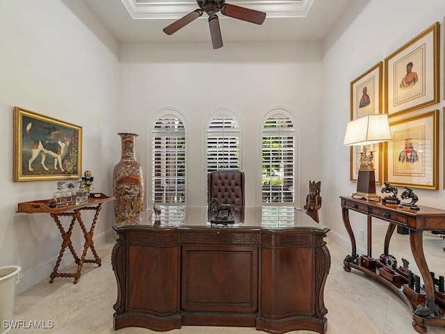 office space featuring light tile patterned flooring and ceiling fan