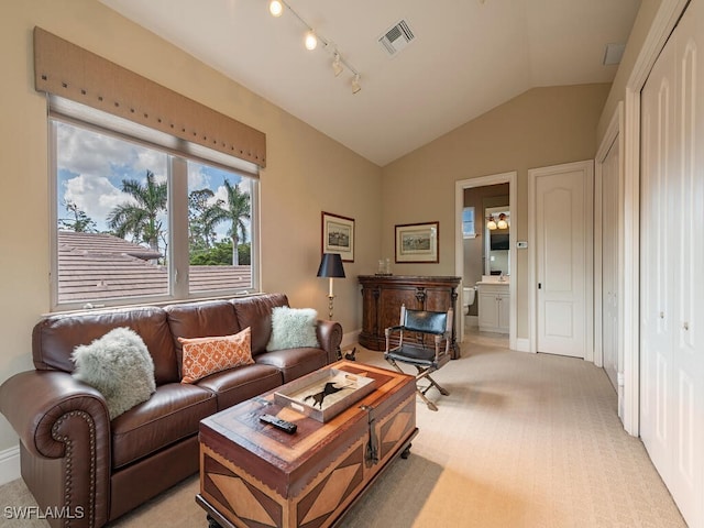 carpeted living room with lofted ceiling and track lighting