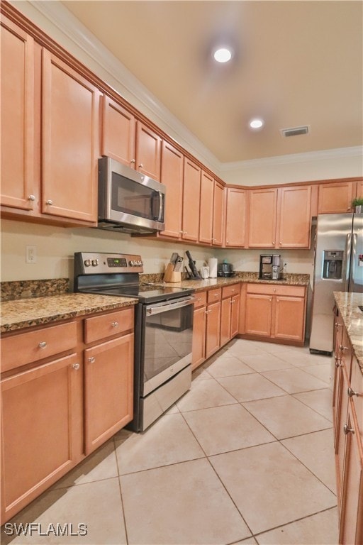 kitchen featuring crown molding, stainless steel appliances, light tile patterned flooring, and light stone counters