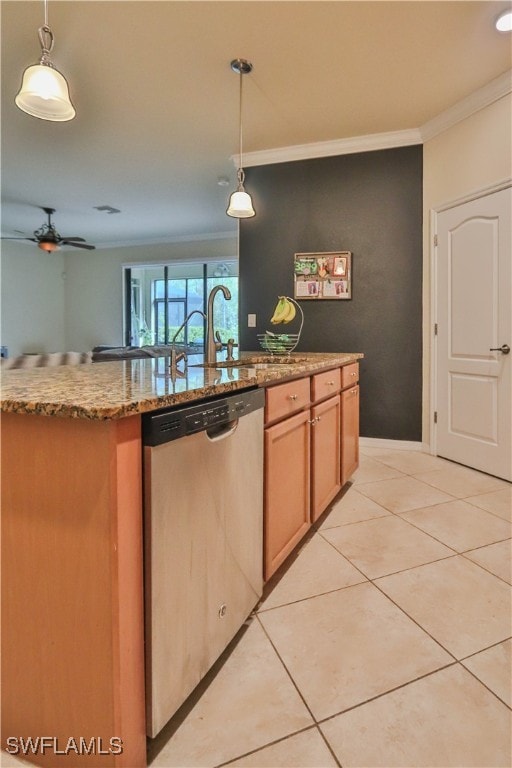 kitchen with crown molding, stainless steel dishwasher, and hanging light fixtures