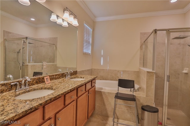 bathroom with vanity, crown molding, tile patterned floors, and shower with separate bathtub