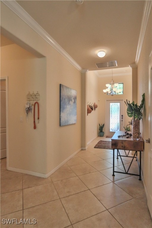 corridor with crown molding and light tile patterned floors