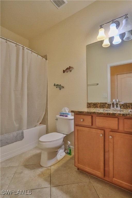 full bathroom with vanity, toilet, tile patterned floors, and shower / bath combination with curtain