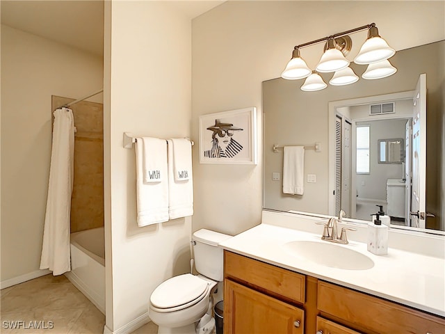 full bathroom with vanity, a notable chandelier, shower / bath combo, and toilet