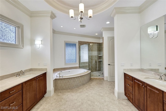 bathroom featuring independent shower and bath, a chandelier, tile patterned floors, and ornamental molding