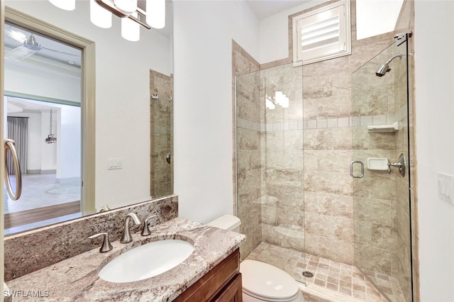 bathroom featuring an enclosed shower, vanity, and toilet