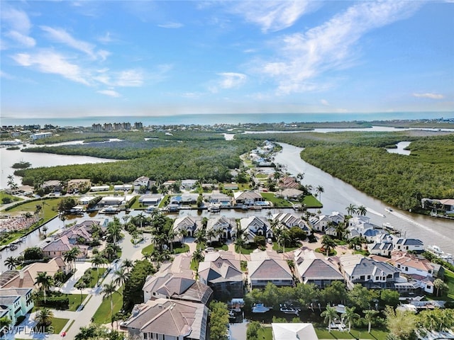 bird's eye view with a water view