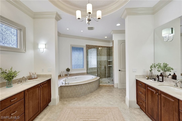 bathroom with separate shower and tub, an inviting chandelier, tile patterned flooring, ornamental molding, and vanity