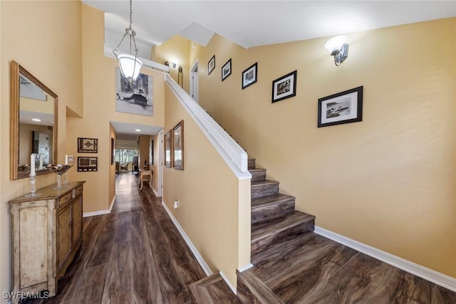 stairway featuring a towering ceiling and wood-type flooring