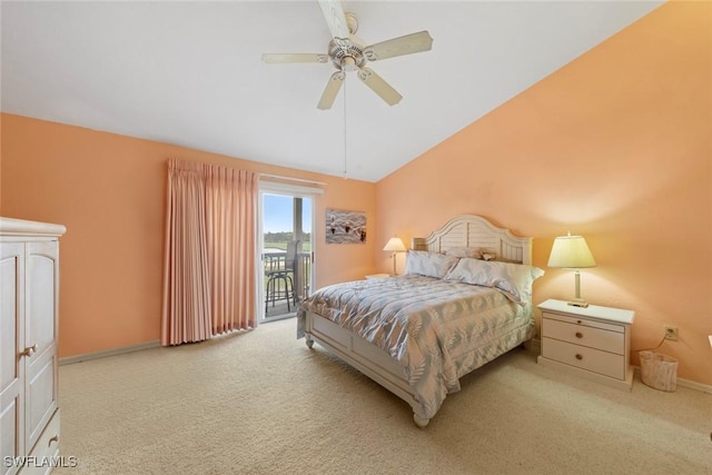 bedroom featuring lofted ceiling, ceiling fan, access to outside, and light carpet