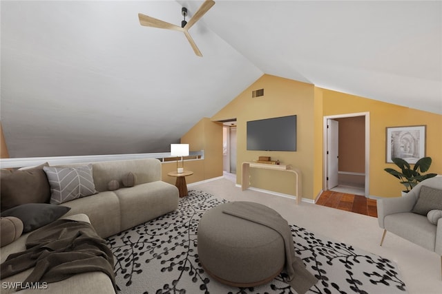 living room with light carpet, vaulted ceiling, and ceiling fan