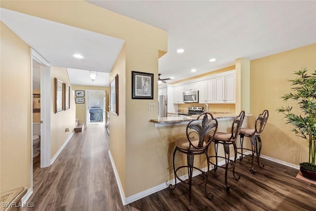 kitchen featuring dark wood-type flooring, white cabinetry, light stone counters, kitchen peninsula, and stainless steel appliances