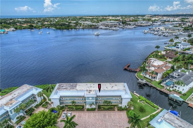 aerial view featuring a water view