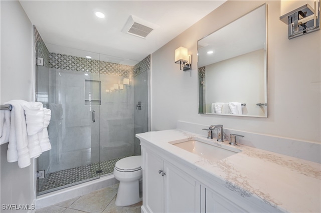 bathroom featuring tile patterned flooring, vanity, an enclosed shower, and toilet