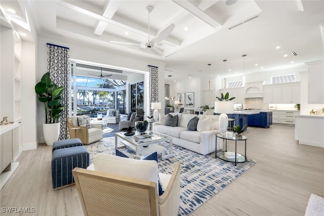 living room featuring ceiling fan, light hardwood / wood-style flooring, beamed ceiling, and coffered ceiling