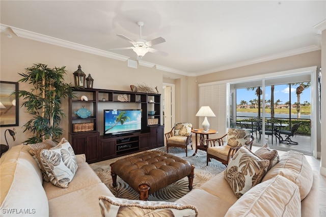 living room with ceiling fan and ornamental molding