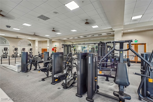 exercise room featuring a paneled ceiling and light colored carpet