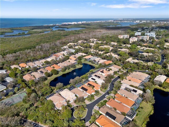 aerial view featuring a water view