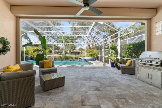 view of pool featuring an in ground hot tub, a patio area, a grill, a lanai, and ceiling fan